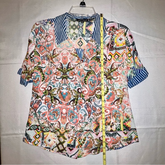 Tolani Collection Blouse Short Sleeve Button Down Paisley Blue White Stripe XXS - Picture 11 of 14